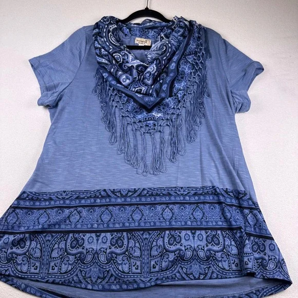 Paisley Tunic Top With Fringe Scarf Blue Size XL One World Boho Peasant Gypsy - Picture 2 of 8